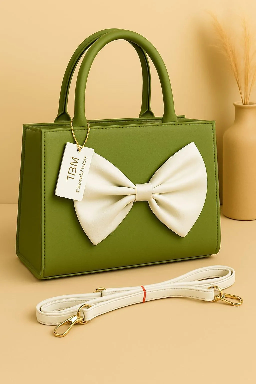 Black Bow Shoulder Bag for Women with White Strap